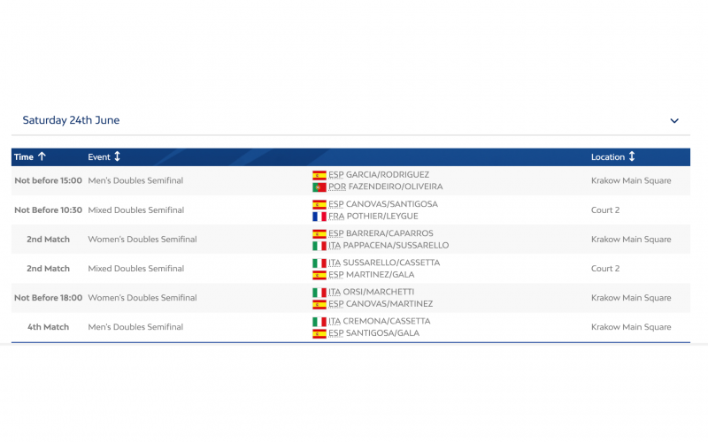 Griglia oraria semifinali Padel  - European Games 2023